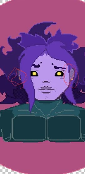 Retrato en pixel art de un personaje de pelo violeta y ojos amarillos.