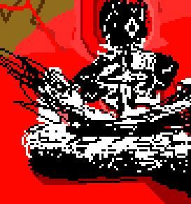 La versión en pixel art sobre rojo.