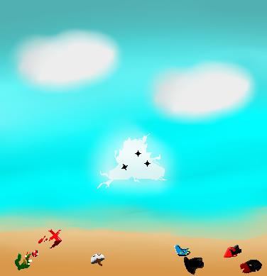 Fin Fin.png Un cielo con nubes y, abajo, restos desparramados por la arena. Hay dos versio